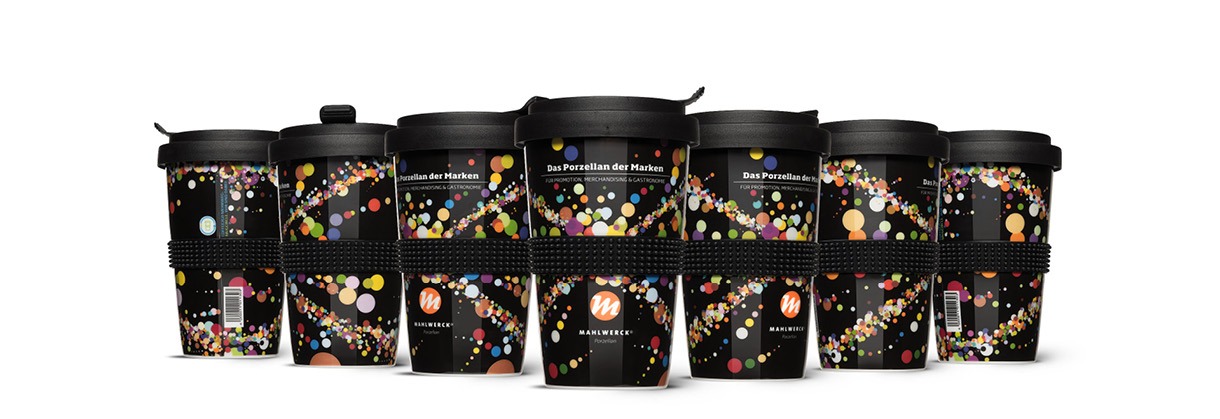 Produkt zum Markenprodukt Porzellan Coffee to go Becher Punkte Design Mahlwerck