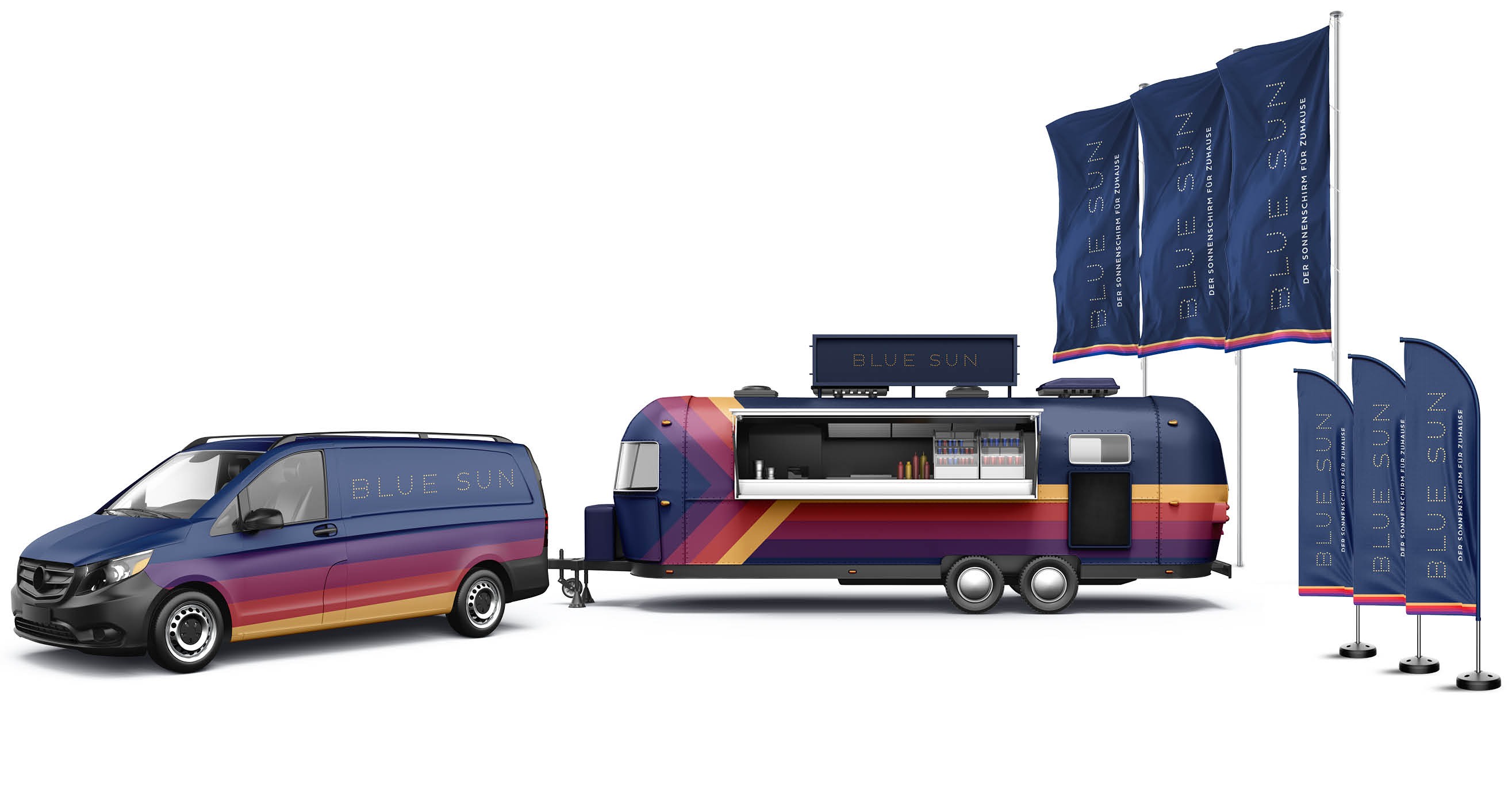 Marken-Entwicklung Ingo Moeller für Blue Sun Sonnenschirme, Beispiel Roadsho Promotion, Fahnen Beachflags